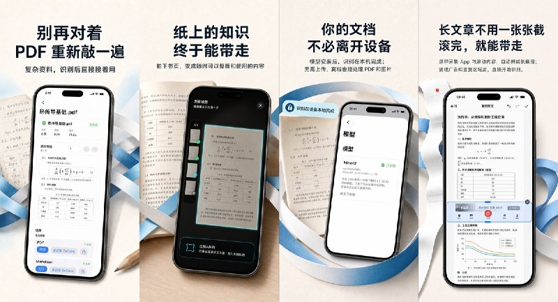 🧭 #应用限免📂 软件名称：DocWeave：PDF图片转文字，离线OCR文档扫描与识别🍏 支持平台：#iOS 17.0+📊 软件价格：内购限免🪟 软件简介：一款在设备本地运行 AI 文档识别模型的离线 OCR 应用，支持拍摄纸质资料、录屏采集滚动内容、识别表格/公式/代码等复杂版面，并可导出重建 PDF、Markdown、EPUB 与 MinerU 结果包