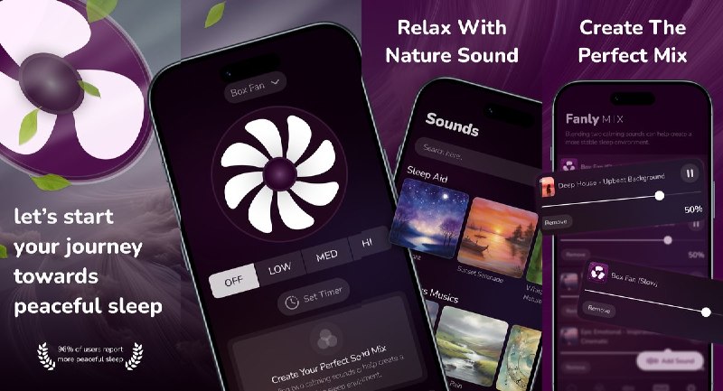 🧭 #应用限免📂 软件名称：Fanly : Bedtime Fan Sounds🍏 支持平台：iOS 17.0+📊 软件价格：内购限免🪟 软件简介：一款白噪音助眠应用，提供多种真实风扇音效和自然声音，支持混合多种声音独立调音量，带睡眠定时器