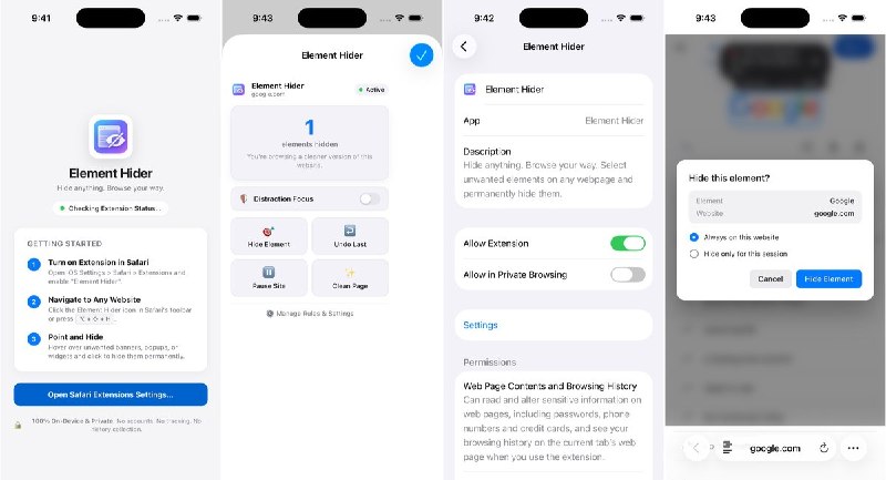 🧭 #应用限免📂 软件名称：Element Hider🍏 支持平台：iOS 15.0+📊 软件价格：免费🪟 软件简介：Safari 网页元素隐藏工具，可手动选择并隐藏横幅、弹窗、侧栏、评论或推荐区，让常用网站只留下想看的内容；支持一键启停及统一开关隐藏规则，适合希望自行控制页面布局的用户