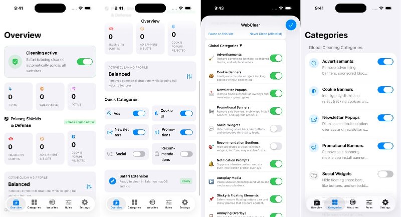 🧭 #应用限免📂 软件名称：WebClear🍏 支持平台：iOS 18.6+📊 软件价格：免费🪟 软件简介：Safari 网页清理扩展，可自动隐藏广告、Cookie 提示、订阅弹窗和悬浮栏，提供三档清理强度，也支持点选元素建立自定义规则