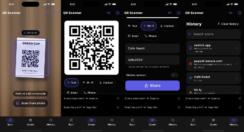 🧭 #应用限免📂 软件名称：QR Scanner · Baro🍏 支持平台：#iOS 13.0+📊 软件价格：免费🪟 软件简介：离线二维码扫描与生成工具，打开链接前会完整展示目标地址并在本机检测钓鱼风险，也支持从相册识别、保留本地历史及生成 Wi-Fi、联系人等二维码