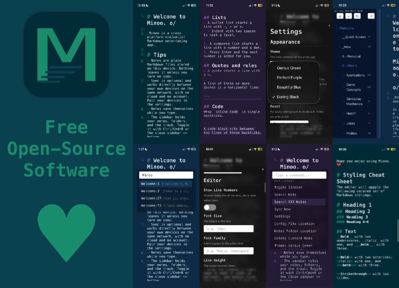 🧭 #应用限免📂 软件名称：Minoo - Private Notes🍏 支持平台：#iOS 15.0+📊 软件价格：免费🪟 软件简介：一款极简跨平台 Markdown 笔记应用，纯本地网络自动同步、无需服务器或账号，文件以标准 .md 存储，支持命令面板、全文搜索与四套主题，开源 MIT