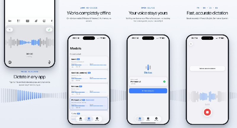 🧭 #应用限免📂 软件名称：Dictus: AI Voice Keyboard🍏 支持平台：iOS 17.0+📊 软件价格：免费🪟 软件简介：一款开源离线语音输入键盘，基于 Whisper 和 Parakeet 模型在设备端完成语音识别，无需联网和账号