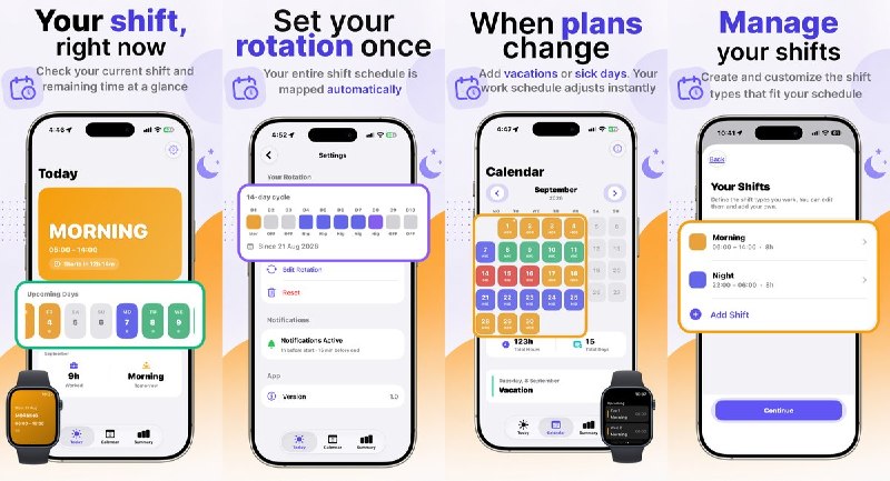 🧭 #应用限免📂 软件名称：Turnos - Shift Rotation Calendar🍏 支持平台：iOS 18.0+📊 软件价格：免费🪟 软件简介：一款面向轮班工作者的排班日历应用，输入一次轮换班次即可自动推算未来每一天的排班，支持早晚夜班与自定义时段，今日视图和整月日历一目了然