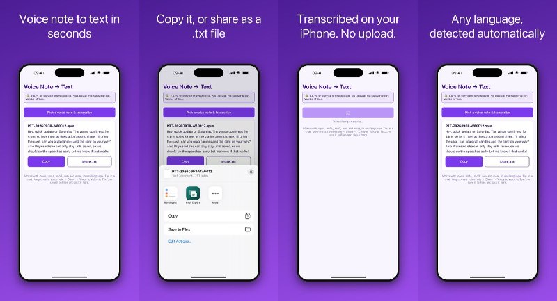 🧭 #应用限免📂 软件名称：语音转文字：离线转录🍏 支持平台：#iOS 15.1+📊 软件价格：免费🪟 软件简介：离线语音转文字工具，支持导入或从聊天应用分享 Opus、M4A、MP3、WAV 音频，自动识别语言并转写，可复制文字或导出 TXT