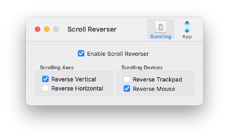🆔  软件名称：SCROLL REVERSER⭐️  软件功能：反转滚动方向➡️  支持平台：#macOS📁  软件简介：一款可以反转滚动方向的应用