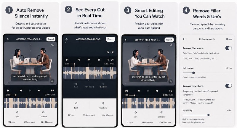 🧭 #应用限免📂 软件名称：QuellCut - 视频静音剪切🍏 支持平台：#iOS 17.0+📊 软件价格：免费🪟 软件简介：自动检测并删除视频中的无声片段，几分钟完成口播剪辑