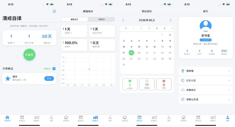 🧭 #应用限免📂 软件名称：清戒自律 - 习惯养成打卡🍏 支持平台：#iOS 14.0+📊 软件价格：免费🪟 软件简介：一款专为戒除陋习与自律成长设计的习惯打卡应用，支持每日/每周打卡、破戒记录、签到日历、数据统计与成就勋章，数据本地存储