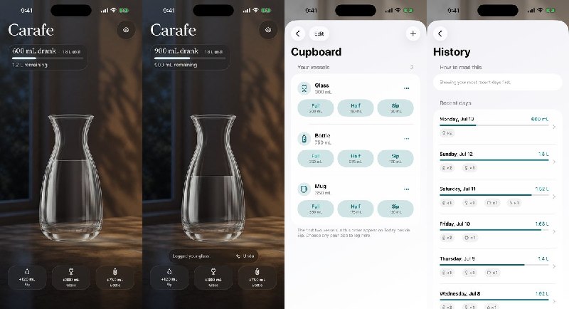 🧭 #应用限免📂 软件名称：Carafe🍏 支持平台：iOS 17.0+📊 软件价格：免费🪟 软件简介：一款极简饮水记录工具，以玻璃水瓶的视觉呈现每日饮水进度