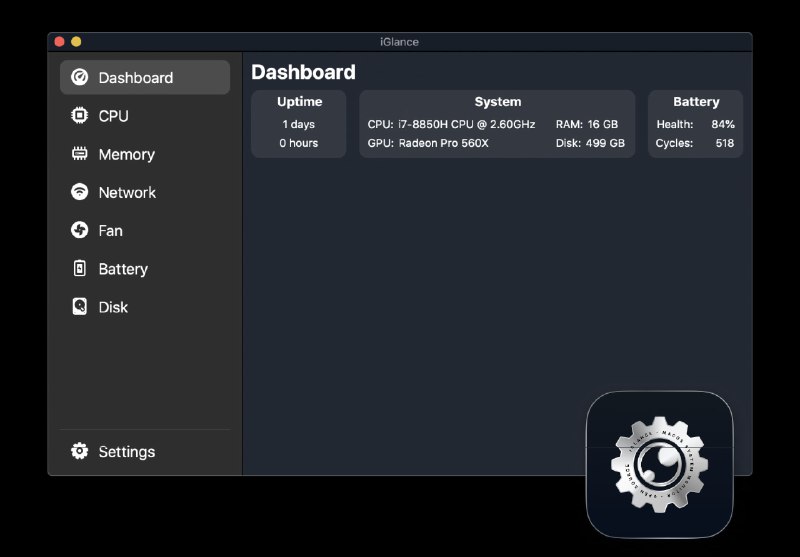 🆔  软件名称：iGlance⭐️  软件功能：系统监视器➡️  支持平台：#macOS📁  软件简介：iGlance属于一个小型系统监视器，可在菜单栏上显示有关 Mac 的当前统计信息，例如CPU占用、内存使用、网络信息、电池、磁盘使用、风扇转速等等，所有系统信息一目了然