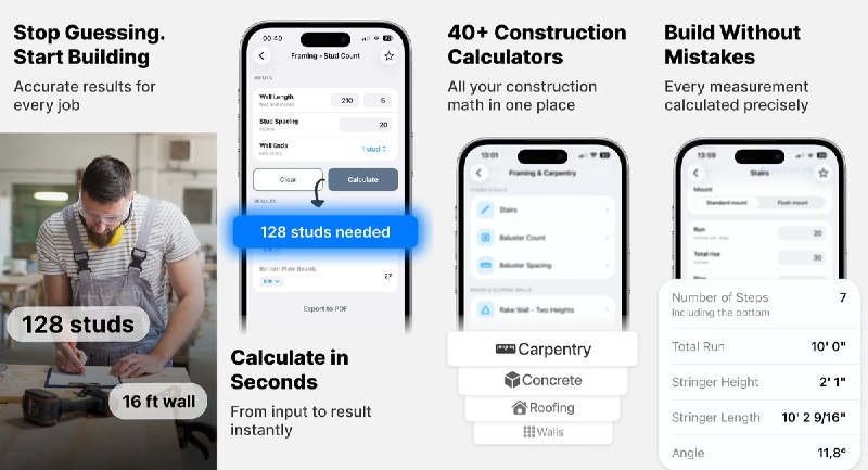🧭 #应用推荐📂 软件名称：Build24: Construction Calc🍏 支持平台：#iOS 18.6+📊 软件价格：免费🪟 软件简介：面向施工、装修和 DIY 的工程计算器，可估算混凝土、砖块、瓷砖和油漆用量，计算楼梯、屋顶坡度及面积体积，并支持英制与公制换算