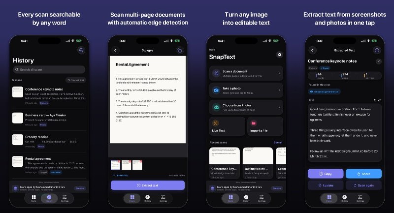 🧭 #应用限免📂 软件名称：SnapText - Image to Text🍏 支持平台：iOS 17.0+📊 软件价格：免费🪟 软件简介：从照片、截图或多页扫描文档中提取文字，支持编辑、搜索、复制导出及清理多余换行