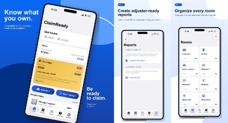 🧭 #应用限免📂 软件名称：ClaimReady - Home Inventory🍏 支持平台：#iOS 17.0+📊 软件价格：内购限免🪟 软件简介：家庭财产清单工具，按房间记录物品照片、价值、收据与细节，支持批量导入、序列号与保修追踪，可生成理赔用 PDF 报告