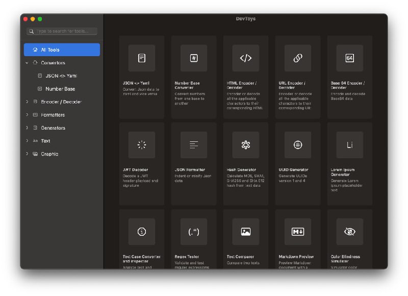 🆔  软件名称：DevToysMac⭐️  软件功能：工具集➡️  支持平台：#macOS📁  软件简介：一款 macOS 上的开发者常用工具集合，无需安装下载解压后即可使用