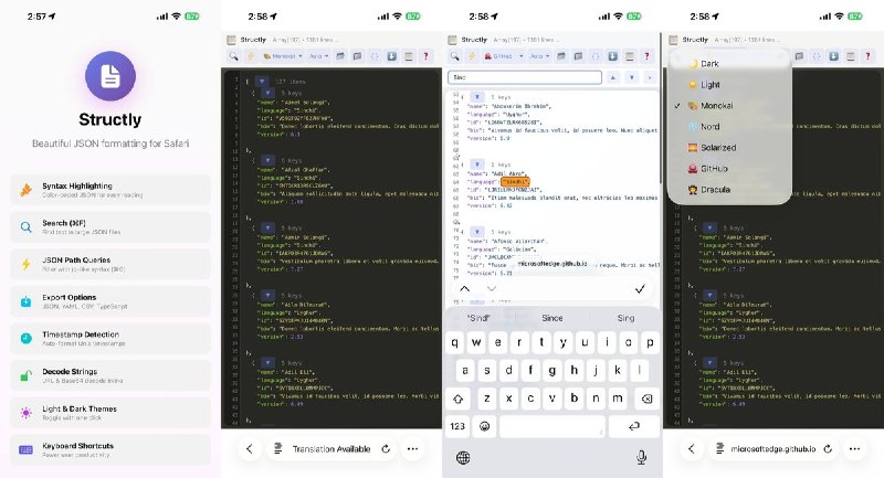 🧭 #应用限免📂 软件名称：Structly - JSON Formatter-Safari JSON 格式化工具🍏 支持平台：iOS 17.6+📊 软件价格：免费🪟 软件简介：一款在 Safari 中直接格式化 JSON 的开发工具，支持语法高亮、JSON Path 查询、主题切换、导出 YAML/CSV