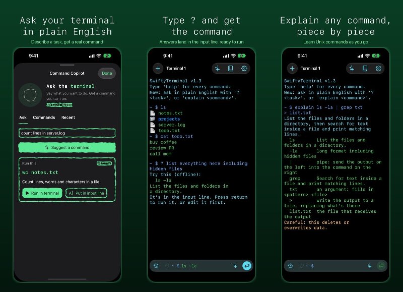 🧭 #应用限免📂 软件名称：SwiftyTerminal: Terminal Shell🍏 支持平台：#iOS 26.0+📊 软件价格：免费🪟 软件简介：一款用于学习 Linux 命令的沙盒模拟终端，支持文件操作、文本处理、管道及 ping、SSH 等网络工具；可用自然语言获取命令建议和逐段解释，适合在 iPhone、iPad 上练习命令行，并非完整 Linux 环境