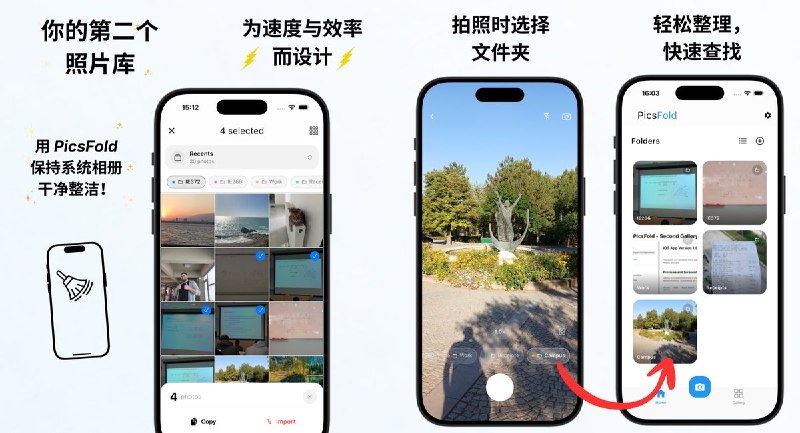 🧭 #应用限免📂 软件名称：PicsFold - 第二个照片库🍏 支持平台：#iOS 15.0+📊 软件价格：免费🪟 软件简介：以文件夹为核心的第二照片库，把收据、笔记、截图等从系统相册分离出来，按文件夹整理