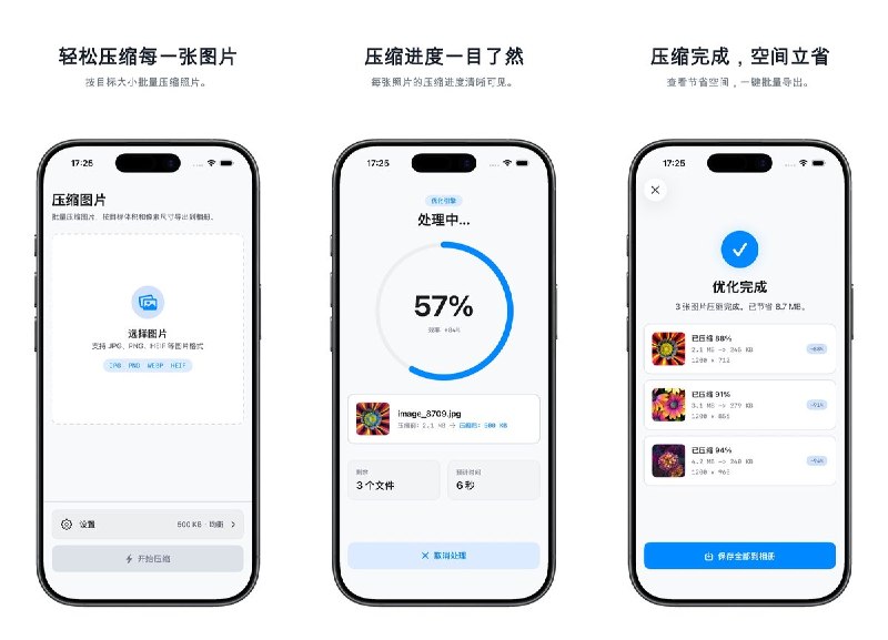 🧭 #应用推荐📂 软件名称：图片压缩 - 批量压缩和导出🍏 支持平台：#iOS 15.6+📊 软件价格：免费🪟 软件简介：按目标 KB 或 MB 批量压缩图片，支持自定义宽高、查看压缩前后大小并批量保存到相册，适合证件照上传、照片整理和日常分享