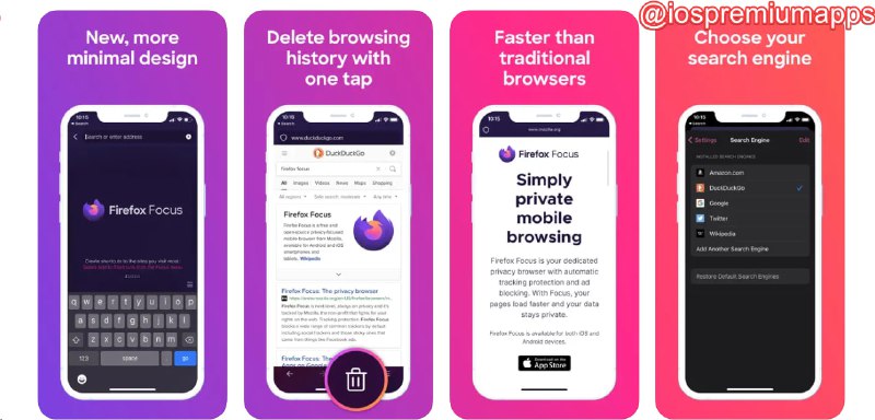 📌 #优质应用☺️ 软件名称：Firefox Focus : 隐私浏览器☺️ 支持平台：#iOS💸 软件价格：免费⚙️ 软件功能：浏览器📝 软件简介：Mozilla推出的一款轻量浏览器，简单易用，既可以单独作为浏览器也可以作为插件集成到Safari中，支持常见的广告拦截，隐私追踪等功能，并且默认会在您退出浏览器时清除浏览记录🔗 软件下载：点击下载📢 频道   ✈️ 群聊   📬 投稿   💵 合作