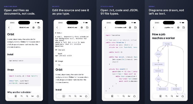 🧭 #应用限免📂 软件名称：.md viewer & editor: NanoFile🍏 支持平台：#iOS 17.0+📊 软件价格：免费🪟 软件简介：支持 Markdown、代码、JSON、CSV 等文件的查看与编辑，可并排显示源码和实时预览，直接保存回原文件；还可在设备上将 PDF、Word、表格转换为 Markdown，适合随手阅读和修改文档