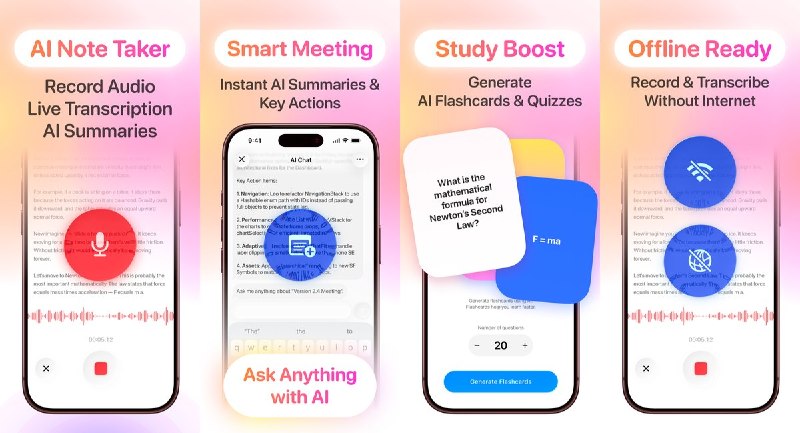 🧭 #应用限免📂 软件名称：AI Lecture Note Taker🍏 支持平台：#iOS 26.0+📊 软件价格：免费🪟 软件简介：一款AI语音转文字笔记应用，支持多语言实时转录、离线录音转写、AI摘要与问答、自动生成闪卡和测验