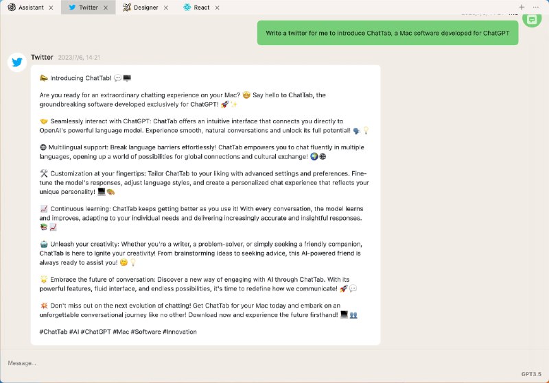 🆔  软件名称：ChatTab⭐️  软件功能：ChatGPT客户端➡️  支持平台：#macOS 📁  软件简介：一款mac版的ChatGPT客户端，可以浮窗的形式显示在窗口最前端，随时使用随时调用