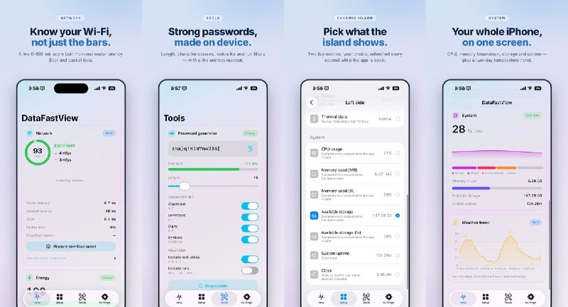 🧭 #应用限免📂 软件名称：DataFastView🍏 支持平台：#iOS 18.6+📊 软件价格：免费🪟 软件简介：一款 iPhone 网络与系统状态查看工具，支持查看 Wi-Fi 延迟、抖动、丢包及实时网速，并把电量、CPU、内存等指标放到灵动岛或桌面小组件中，适合随时检查网络质量和设备状态