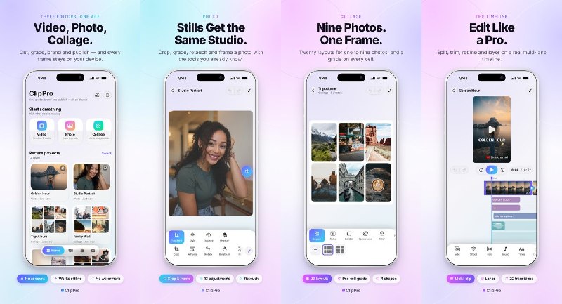 🧭 #应用分享📂 软件名称：ClipPro: Video & Photo Editor🍏 支持平台：#iOS 17.0+📊 软件价格：免费🪟 软件简介：本地视频、照片与拼图编辑器，支持时间线剪辑、转场、调色、字幕、配乐、配音与降噪，最高可导出 4K 视频；无需账号、无广告、无订阅，离线也能使用