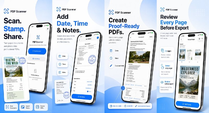 🧭 #应用限免📂 软件名称：PDF Scanner: Date Stamp🍏 支持平台：#iOS 15.8+📊 软件价格：免费🪟 软件简介：将纸质文件或照片整理成 PDF，可添加日期、时间和备注，并支持设备端 OCR、页面裁剪及签名标注，适合收据归档与工作记录
