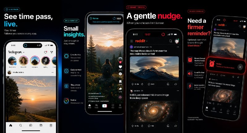🧭 #应用限免📂 软件名称：Notice – Mindful Screen Time-实时感知屏幕使用时间🍏 支持平台：iOS 26.0+📊 软件价格：免费🪟 软件简介：一款帮助觉察屏幕使用时间的应用，支持跨应用实时计时、定时提醒和当日使用统计