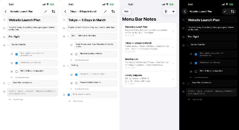 🧭 #应用限免📂 软件名称：Menu Bar Notes: Quick Capture🍏 支持平台：#iOS 17.0+📊 软件价格：免费🪟 软件简介：一款跨 iPhone、iPad 与 Mac 的快捷笔记应用，支持 Markdown 风格块、待办清单、折叠大纲和标签页，并通过个人 iCloud 同步